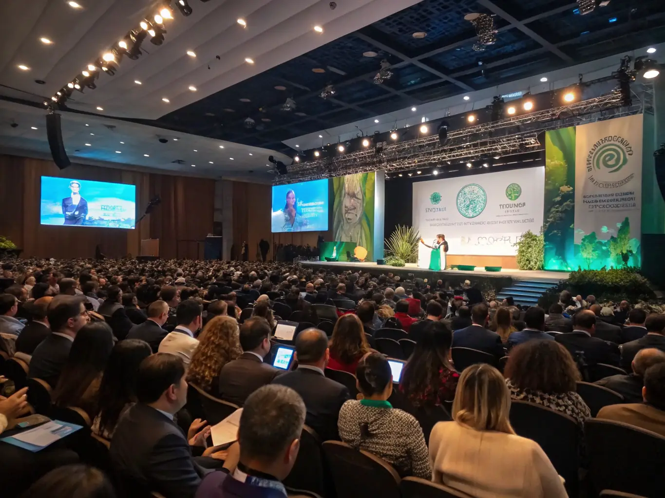 A photograph of a conference hall during a keynote speech, with a focus on the speaker and the audience's engagement. The backdrop features a screen displaying the conference logo and the theme of sustainability.