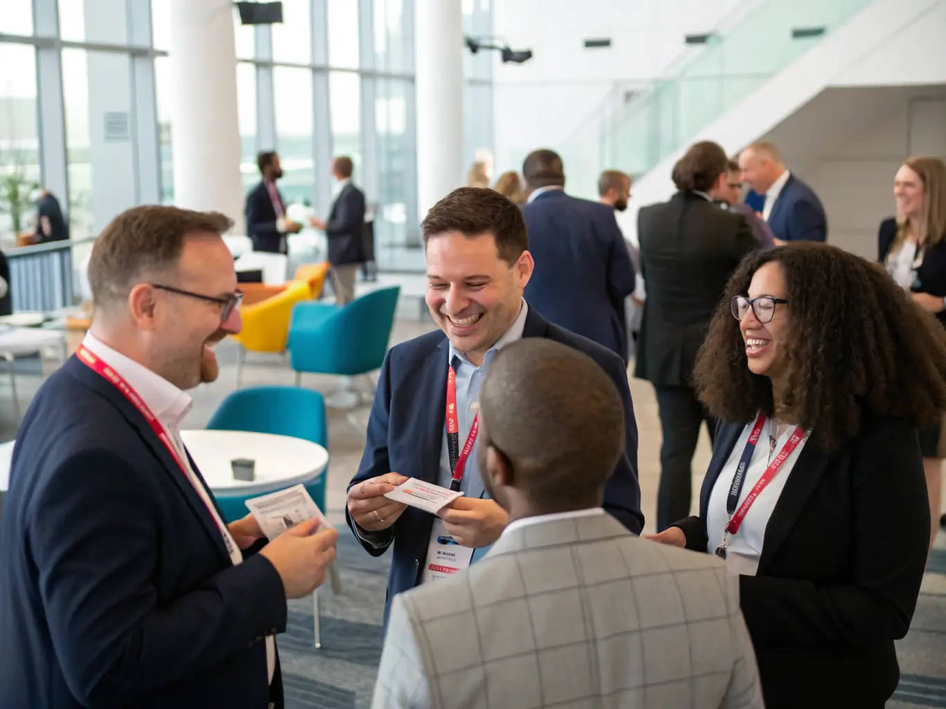 An image depicting a networking event at a business conference, showing professionals exchanging ideas and business cards in a modern, well-lit venue.